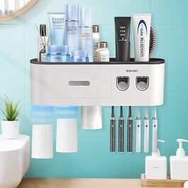 Wall-Mounted Toothbrush Holder with 2 Automatic Toothpaste Dispensers, 6 Toothbrush Slots, 3 Magnetic Cups, 1 Storage Drawer, and Large Storage Shelf