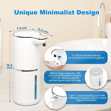 Автоматичний дозатор мила настінний електричний з сенсором, 4 рівня регулювання, USB, перезаряжається, білий для кухні, ванної кімнати, школи, для рідкого та пінного мила