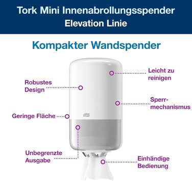 Tork 558000 Mini Roll Dispenser for M1 Wipes in Elevation Design / Wipe Dispenser for hygienic single-sheet dispensing in White, (W x H x D) 174 x 321 x 165 mm