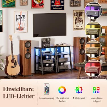 Lifewit Аудіостійка HiFi з полицями, колесами та LED-підсвіткою, 60x55x90 см, коричнево-чорна