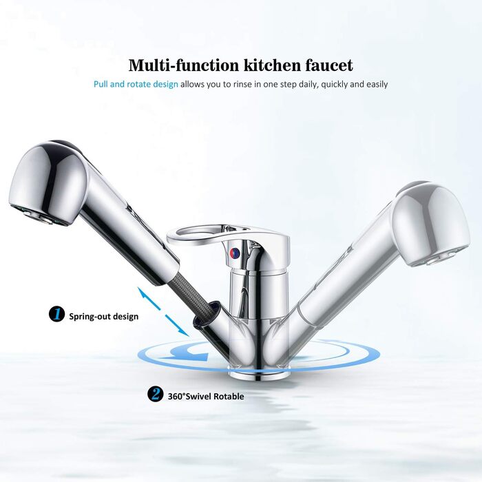Змішувач кухонний висувний BONADE з подвійною виливом, поворотний на 360°, для кухні, з однією ручкою, хром