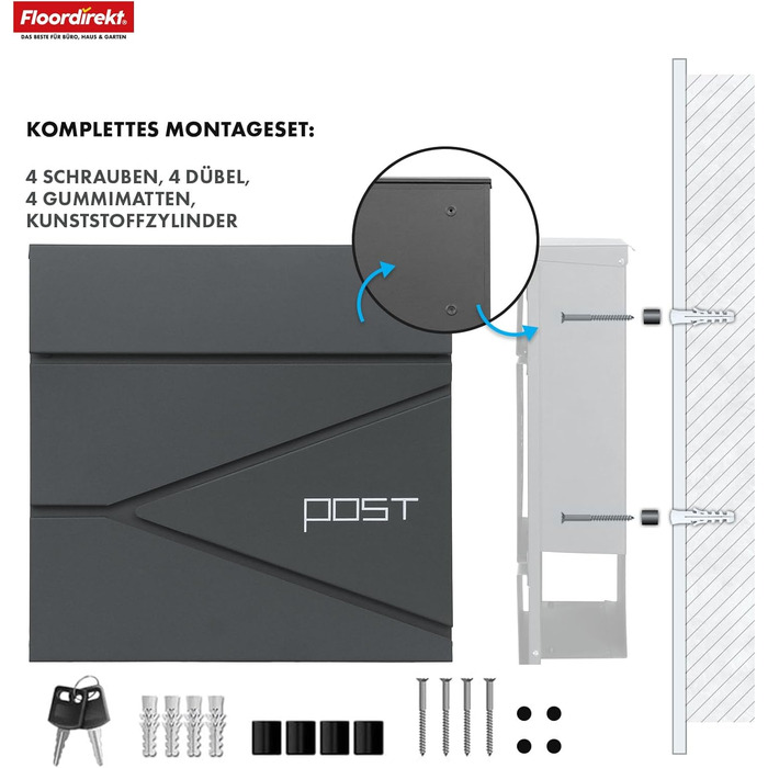 Поштовий ящик Floordirekt Jean Anthrazit з газетницею, замком та великим отвором для кореспонденції, антрацит
