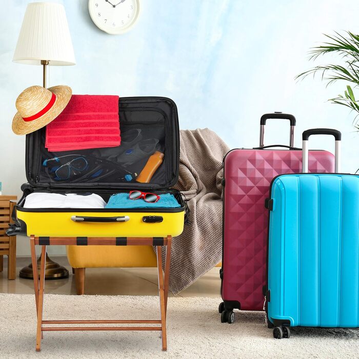 Relaxdays Folding Luggage Rack, Wooden Baggage Stand, HBT: 54.5 x 66 x 44 cm, Suitcase Stool for Hotel & Home, Natural