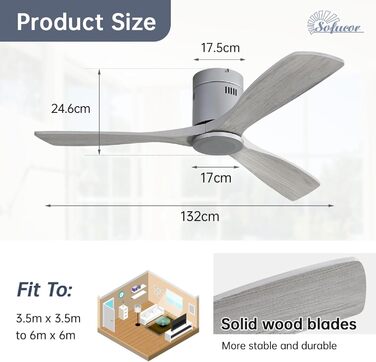 Стелянка вентилятор Sofucor з пультом керування, дерев'яна стельова вентиляція з 3 лопатями, 132 см, тиха, 6 швидкостей, таймер, DC двигун, режим літо-зима для спальні (Без світла + Flush Mount, сірий колір дерева)