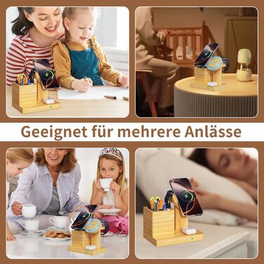 Багатофункціональна бамбукова зарядка 5-в-1 з LED-годинником та нічником. Підходить для Apple Watch, AirPods, Samsung Galaxy та інших пристроїв.