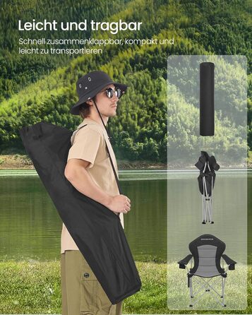 Кемпінговий стілець SONGMICS складаний, широкий, з високою спинкою, чорно-сірий GCB005BH01 - для пікніка, відпочинку на природі, з підсклянником та органайзером