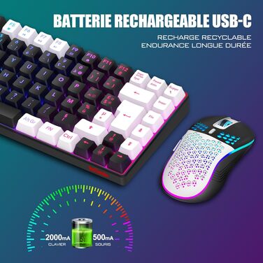 RedThunder K84 Combo: Бездротова клавіатура та миша USB, AZERTY (французька), 75% TKL, 3200 DPI (Чорний/Білий)