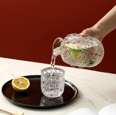 Vintage bedside carafe and cup, glass tea set for one, embossed gemstone texture design (transparent)
