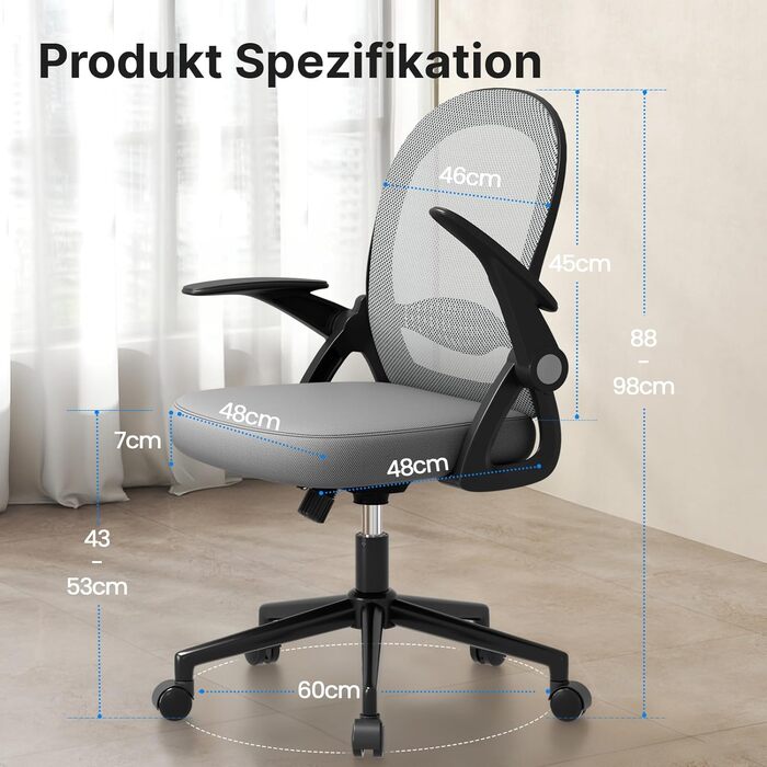 Ергономічне крісло Rattantree для офісу та дому: дихаюча спинка, регульована висота, підлокітники, 360° обертання (темно-сірий)