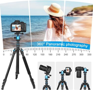Штатив для камери DSLR та смартфона 195,6 см, алюмінієвий компактний штатив для подорожей з панорамною 360° кулеподібною головкою, 2 QR-платформами та сумкою (синій)