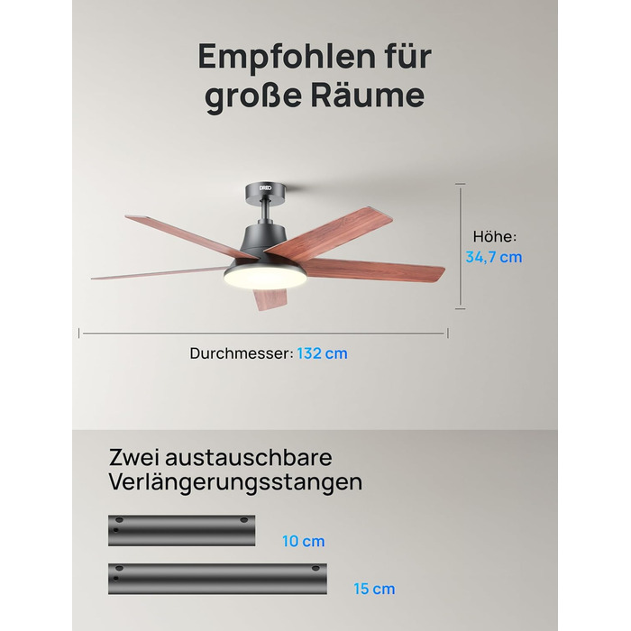 Дрео Смарт стельовий вентилятор з підсвічуванням, 132 см, 12 швидкостей, 3 режими, регульоване LED-підсвічування, тихий DC-двигун, 12H таймер, керування пультом/APP/Alexa, для приміщень (Чорний)