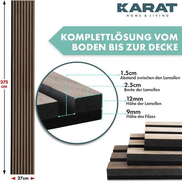Акустичні настінні панелі KARAT з натурального шпона горіха (Black Walnut) — декоративна рейкова стіна з дерева та фетру для звукоізоляції та шумопоглинання, 275 x 27 см