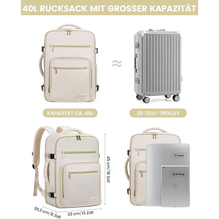 LOVEVOOK Рюкзак ручної поклажі, 40L, для ноутбука 17 дюймів, бежевий, для подорожей