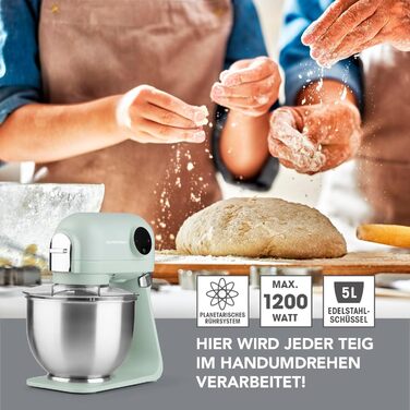Gourmetmaxx Kitchen Machine & Mixer | Planetary Kitchen Assistant with Digital Display incl. Mixing Bowl and Attachments | Powerful Mixer with Whisk and More | Electric Stand Mixer Green