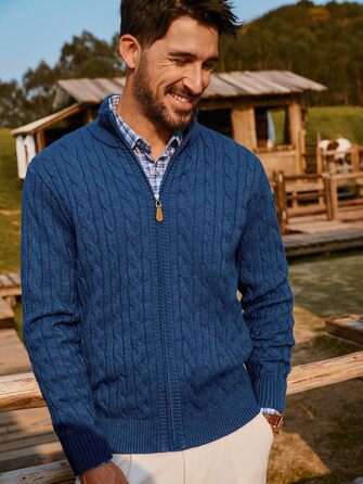 Кардиган чоловічий PJ PAU JONES з коміром-стійкою та блискавкою, в'язаний візерунок, колір морської хвилі (XXL, Indigo)