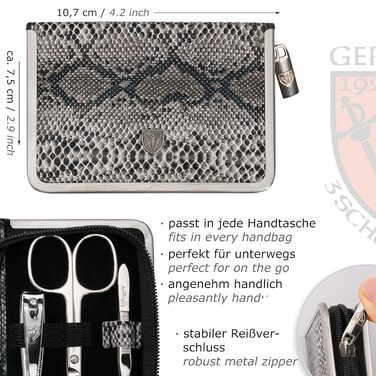 Набір манікюру DREI SCHWERTER 'Ravenna' 6 предметів | Комплект догляду за нігтями в екошкіряному футлярі з імітацією зміїної шкіри. В комплекті: ножиці для нігтів, щипчики для кутикули, кусачки для нігтів, напільник із сапфіру, засіб для очищення нігтів, 