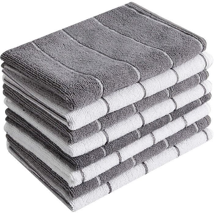 HYER KITCHEN Microfiber Towels - 8 Pack Striped (Color-coordinated - soft, super absorbent, and lint-free, 66 x 45.7 cm, Gray and Camel (gray) gray