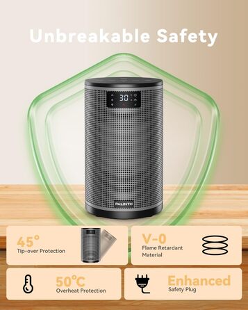 Електричний обігрівач PALINTH 1500W з термостатом, 4 режими, захист від перегріву та перекидання, таймер 8H, для дому, чорний