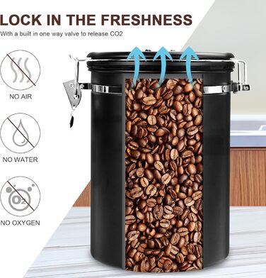 Герметичний контейнер для кави з нержавіючої сталі, 2,8 л, з CO2-вентилем та індикатором дати - для кавових зерен, кави, чаю, горіхів, какао, з мірною ложкою