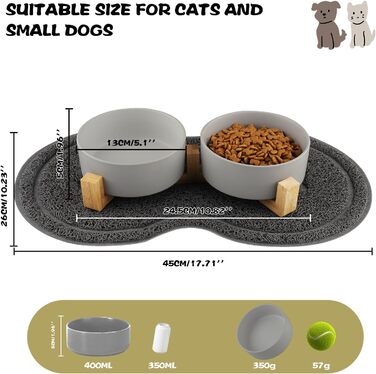 Миска для собак з кераміки, 400 мл, подвійна миска для корму, піднята миска для собак з бамбуковим підставкою та нековзним килимком для маленьких та середніх собак (сіра)
