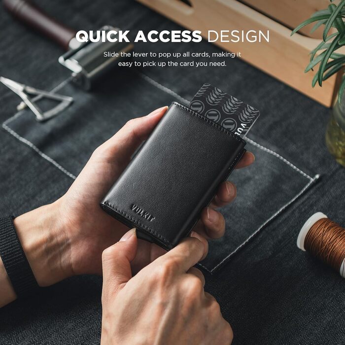 Гаманець-картхолдер VULKIT для чоловіків RFID захист, шкіряний, з відділенням для купюр та ID-вікна (Чорний, натуральна коров'яча шкіра)