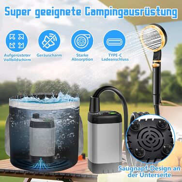 IEEILULU Portable Camping Shower, 6000mAh Camping Shower Battery with Pump, Outdoor Mobile Showers with Temperature Indicator and Foldable Bucket for Pet Travel, Garden, Car Washing, Beach