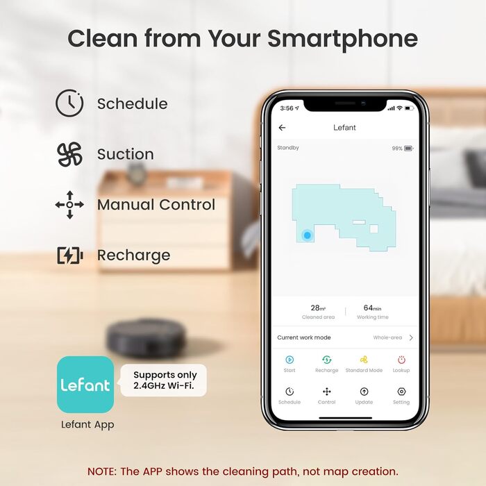 Робот-пилосос LEFANT M320 3-в-1 з функцією миття, 6000Pa, навігація точного визначення відстані, 800мл контейнер для сміття, 240 хв роботи, Wi-Fi/App, для шерсті тварин, килимів (M210 сірий)