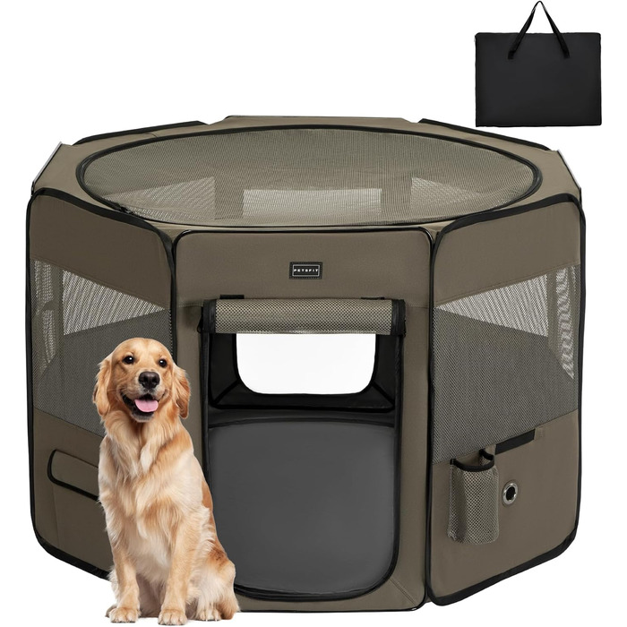 Кія для собак PETSFIT, вольєр для цуценят, розкладний, сірий, 116x106x72 см