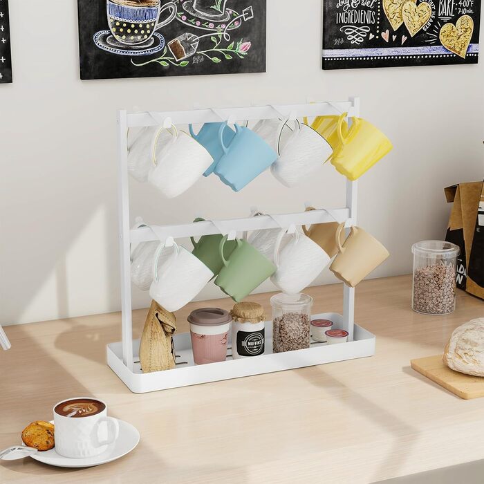 YUMORE Mug Rack with 16 Hooks, Mug Stand, Metal Coffee Cup Holder with Storage Bottom, Coffee Cup Holder, Cup Rack for Kitchen, Dining Room, Cafe Counter, 42 * 15 * 41.5cm (White)