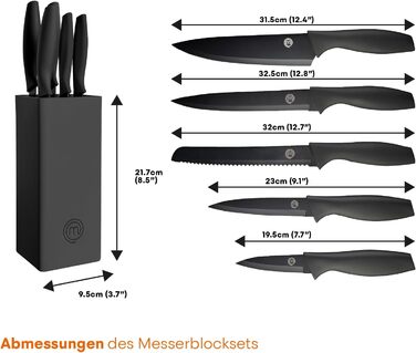 MasterChef 5-Piece Knife Block Set - Stainless Steel Chef's, Santoku, Bread, Utility & Vegetable Knives with Soft-Touch Grips