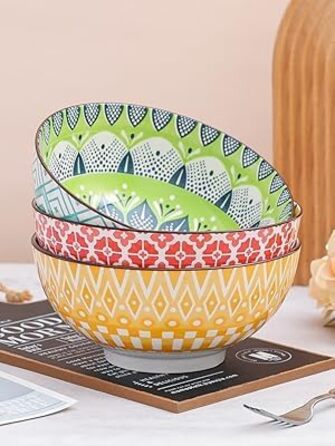 Набір салатників та супових мисок з порцеляни 3 шт. 1.45 л - 20 см, кольорові, для салату, супу, пасти, безпечні для мікрохвильовки та посудомийної машини