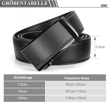 Чоловічий шкіряний ремінь WHIPPY Automatik з пряжкою, ширина 35 мм, чорний матовий, довжина 145 см (підходить для штанів 116-130 см)