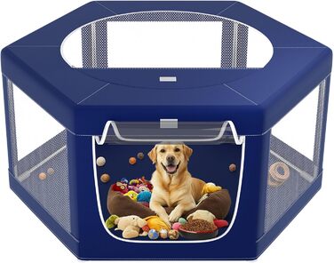 Клітка для собак шестигранна, 114 см, з м'якою обшивкою з 600D Oxford, стабільна конструкція з нержавіючої сталі, 65,6 см у висоту, для малих та середніх собак, блакитна