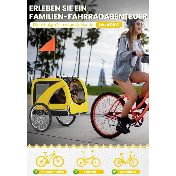 SEPNINE® Причіп для собак на велосипеді XL, 2-в-1: причіп та візок для бігу, з відбивачами та гальмом, матеріал 600D Oxford Canvas, максимальне навантаження 40 кг, помаранчевий (жовтогарячий)