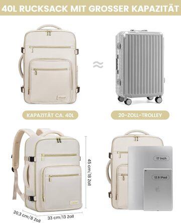LOVEVOOK Рюкзак ручної поклажі, 40L, для ноутбука 17 дюймів, бежевий, для подорожей