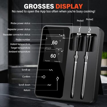 Бездротовий термометр для м'яса з 2 зондами, великий LCD-дисплей, Bluetooth, 130м, термометр для приготування на грилі, BBQ, духовки, гриля, коптильні, сковороди, фритюрниці, водонепроникний IP67