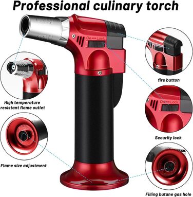 Фламбер (кухонний пальник) Royouzi з блокуванням безпеки, регульований, наповнюваний. Підходить для крем-брюле, грилю, приготування їжі, кемпінгу (червоний)