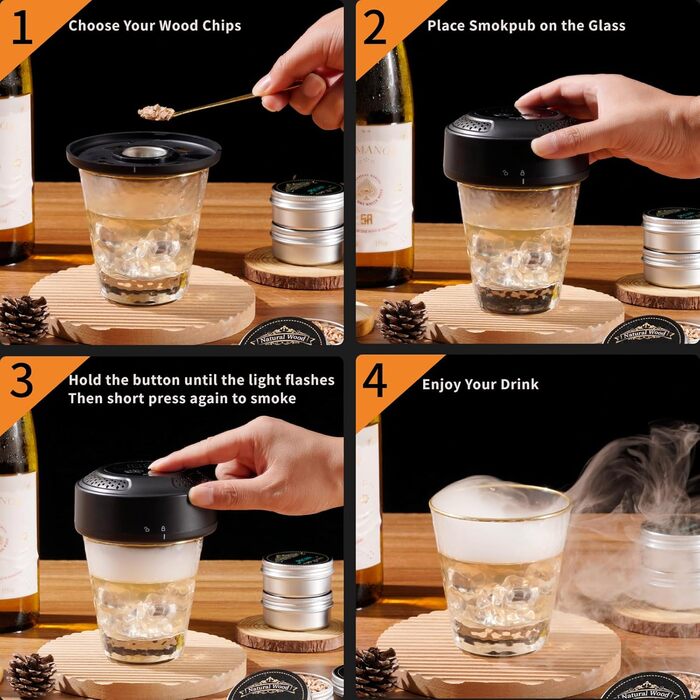 Електричний набір для копчення віскі, коктейльний дим-сет - 6 видів деревини, RGB підсвітка, безполум'яний димогенератор для коктейлів та їжі, подарунок для чоловіків
