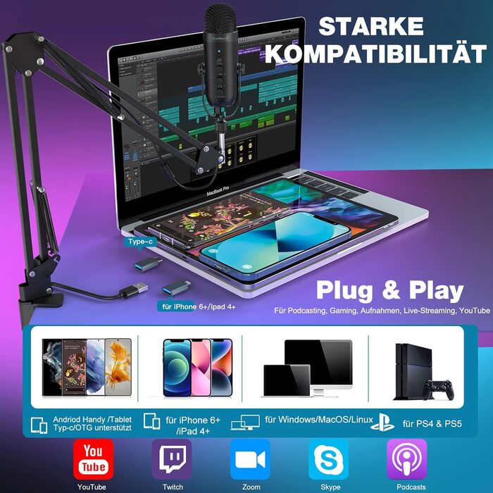 Zealsound USB мікрофон для подкастів та вокалу з шумозаглушенням (чорний) для ПК, телефону, YouTube, PS5, iPhone, Mac. З підставкою-держателем та адаптерами.