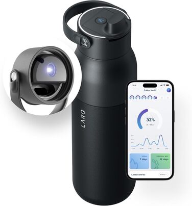 LARQ Bottle PureVis 2 680 мл – Самоочищувальна пляшка для води з UV-C LED та додатком для контролю рідини, подвійна ізоляція, нержавіюча сталь, багаторазова, 2 роки гарантії, Obsidian Black
