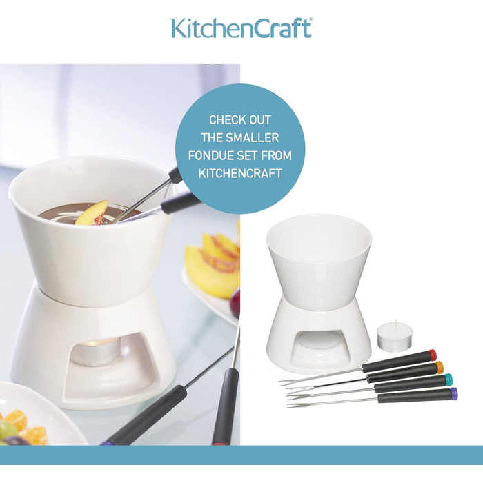 Набір для фондю KitchenCraft 3-в-1 з кольоровими виделками, для шоколадного, м’ясного та сирного фондю, сріблястий