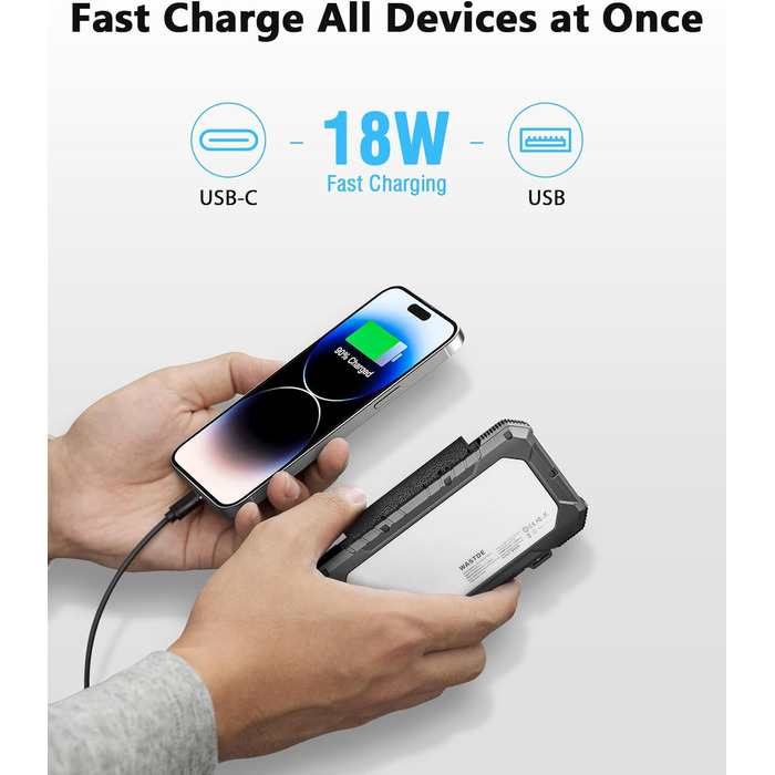 Сонячний Power Bank WASTDE 26800mAh з сонячною панеллю, чорний: зарядний пристрій для телефону, планшета, з ліхтариком (SOS), водонепроникний, для кемпінгу та подорожей