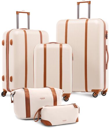 Набір валіз FERGÉ Milano 5-в-1: 3 розміри + сумочка для косметики + сумка для подорожей. Легкі валізи на 4 колесах, бежево-коричневий колір