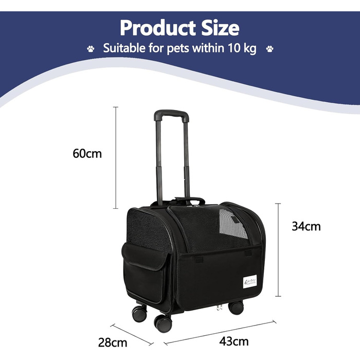 Транспортна сумка для собак та котів Galatée з колесами, розкладний переносник для тварин, дитяча коляска для домашніх улюбленців (білий/чорний)