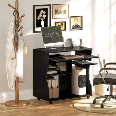 HOMCOM Computer Desk, Rolling Desk, Office Desk with Keyboard Tray, Storage, PC Table Black 80 x 48 x 75 cm | Aosom