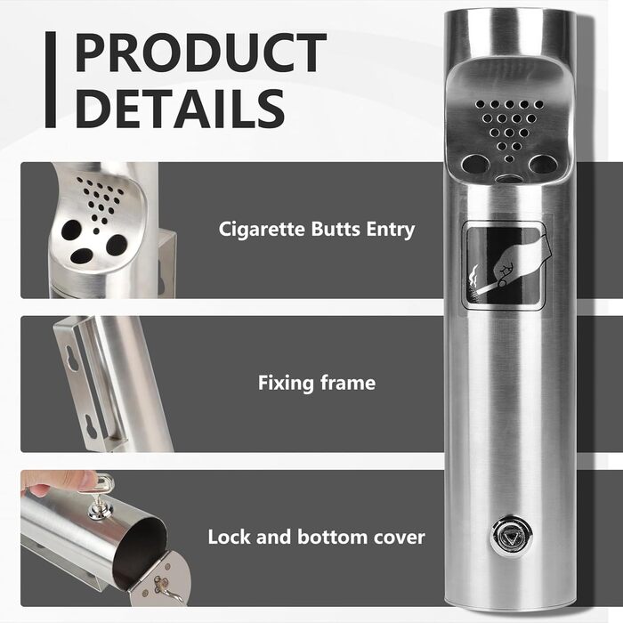 Настінний попільничка CPROSP з нержавіючої сталі, з замком, для вулиці, 28.5 x 6.5 см - 1 шт.