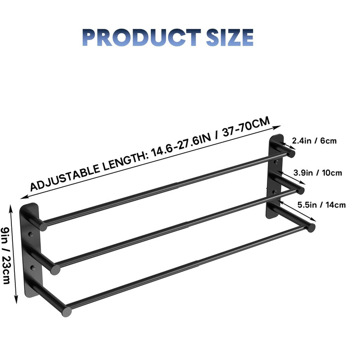Тримач для рушників Lannvan без свердління, висувний 37-70см, нержавіюча сталь, для ванної кімнати/кухні, 2 способи встановлення, чорний