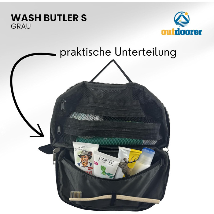 Wash Butler S від Outdoorer - компактна сіра дорожня косметичка для чоловіків та жінок, водонепроникний матеріал, ідеально підходить для подорожей, кемпінгу та ручної поклажі