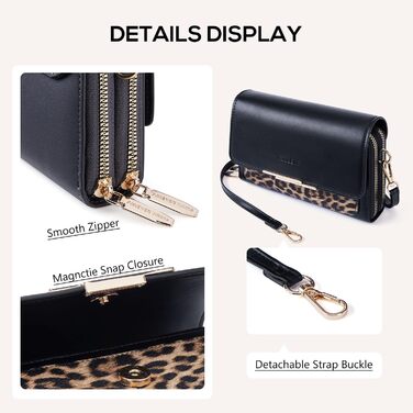 Сумка Roulens Klein через плече для жінок, екошкіра, чорно-леопардовий принт. Невелика крос-боді сумка для телефону, документів та карт. Регульований ремінець.