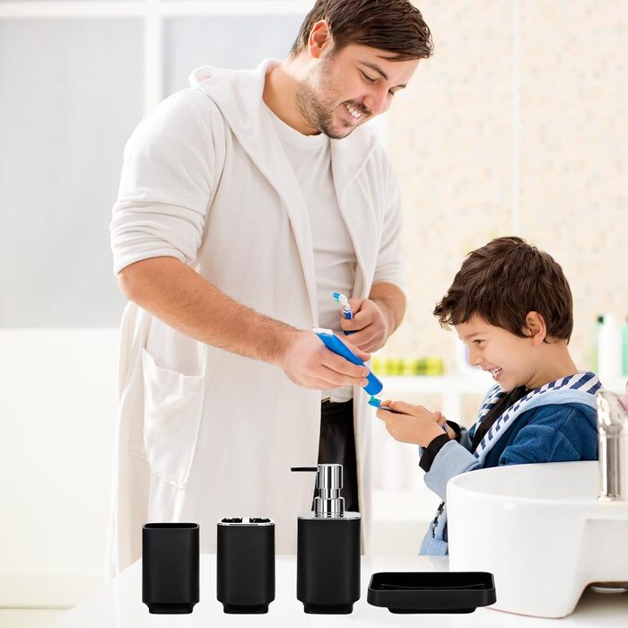 Сучасний набір для ванної кімнати на 6 предметів (білий) з дозатором мила, тримачем для зубних щіток, мильницею, WC-щіткою, відром та стаканом (чорний метал)